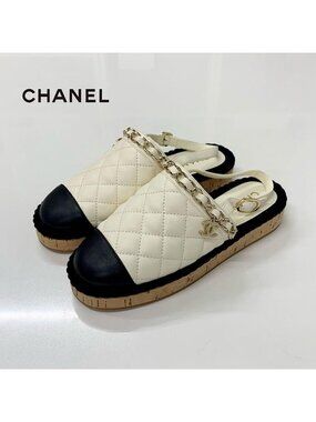 Chanel CC Logo Quilted Chain Leather Cork Sandals